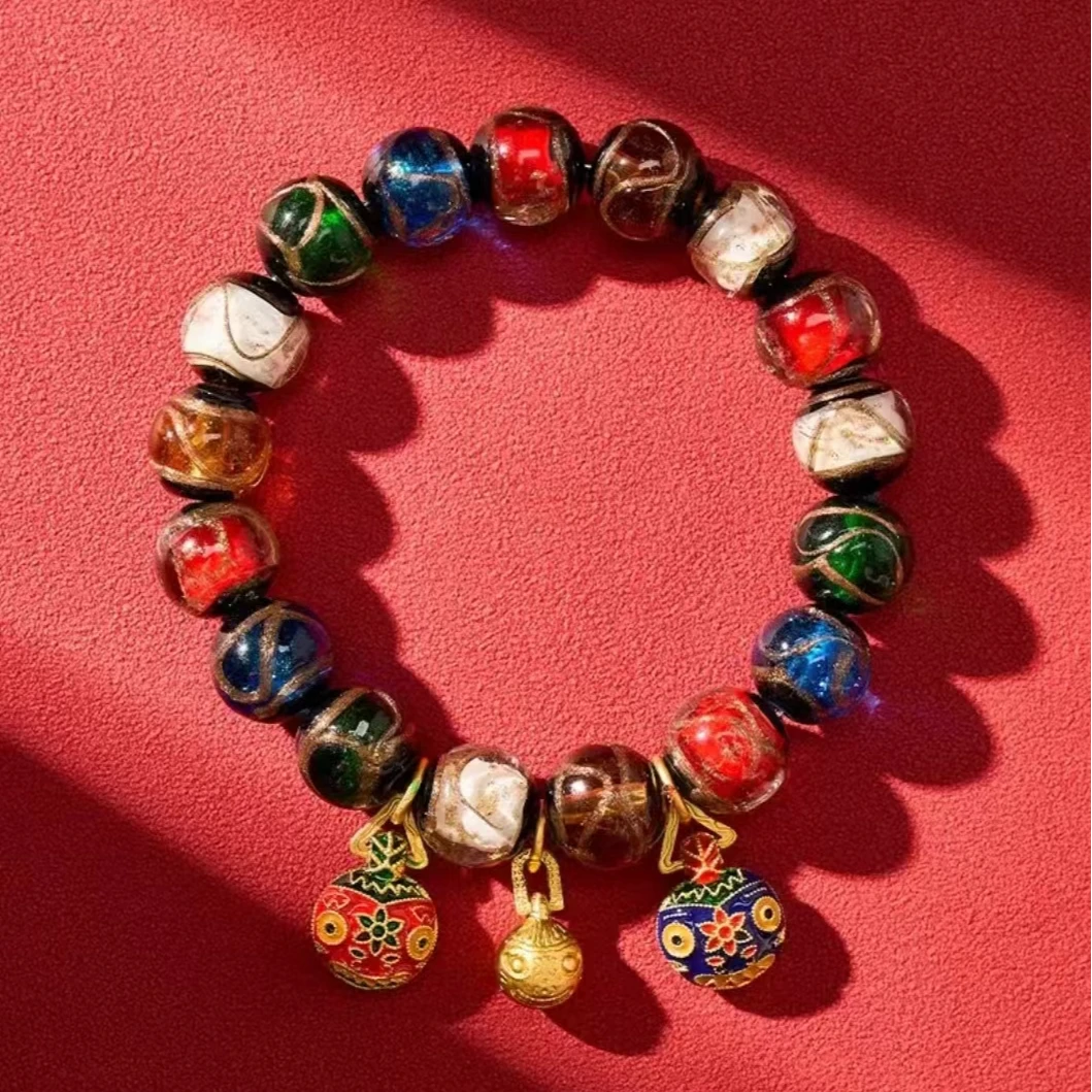 精品手串古法琉璃十全十美陶瓷多宝招财链直径12mm金箔10mm工艺品