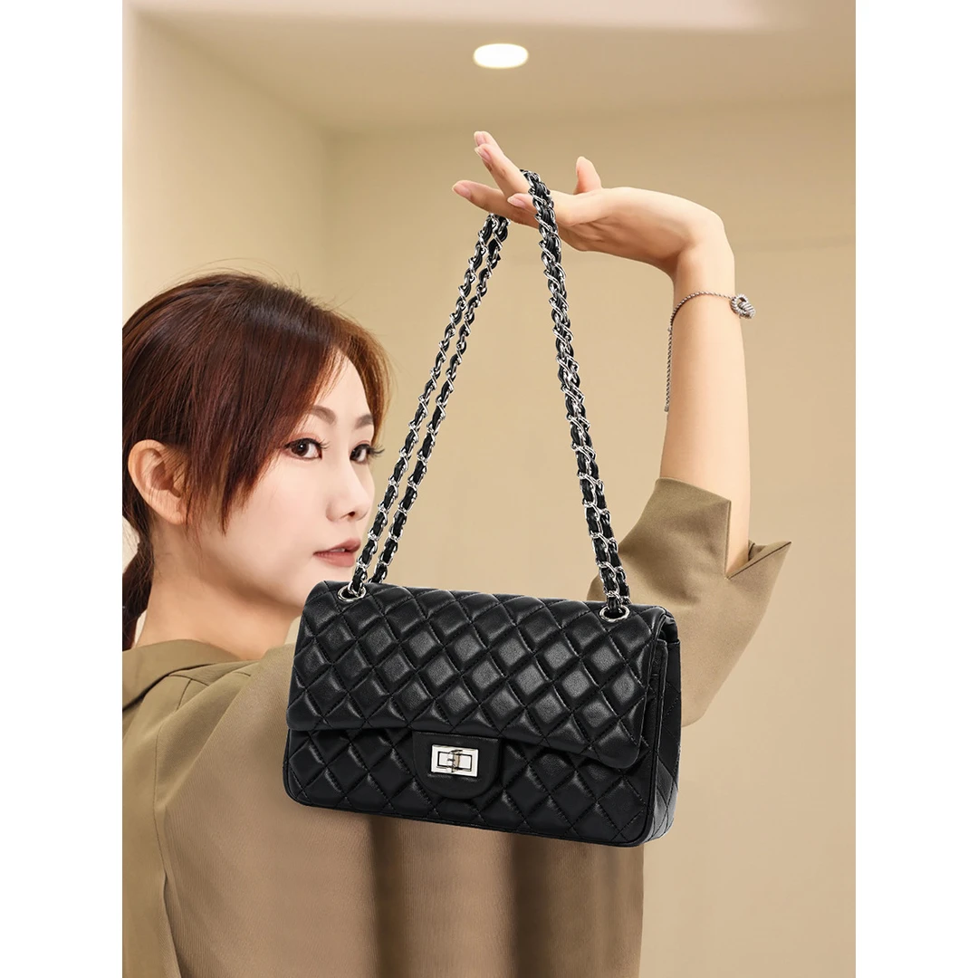 女士包包新款羊皮时尚通勤斜挎腋下小方包菱格链条小香风单肩包包