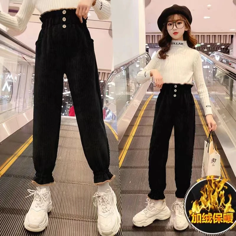 女童冬款加绒加厚一体绒2023新款洋气外穿雪尼尔卫裤女孩休闲棉裤