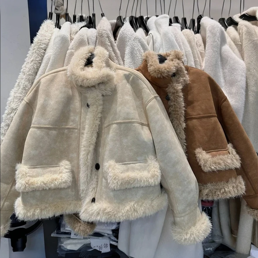 皮毛一体外套女2024冬装新款百搭时尚休闲小个子短款上衣