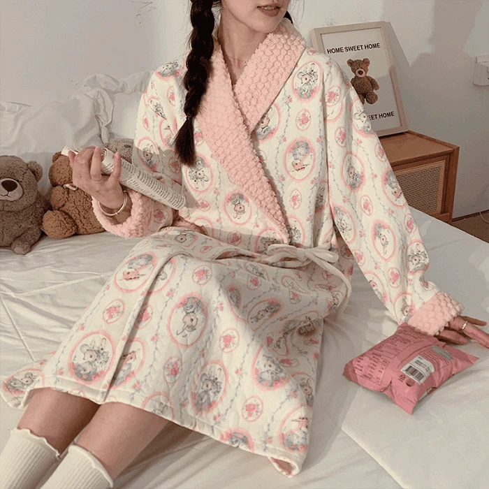 秋冬季空气棉睡袍女士长袖睡袍夹层棉加厚保暖系带浴袍睡衣家居袍