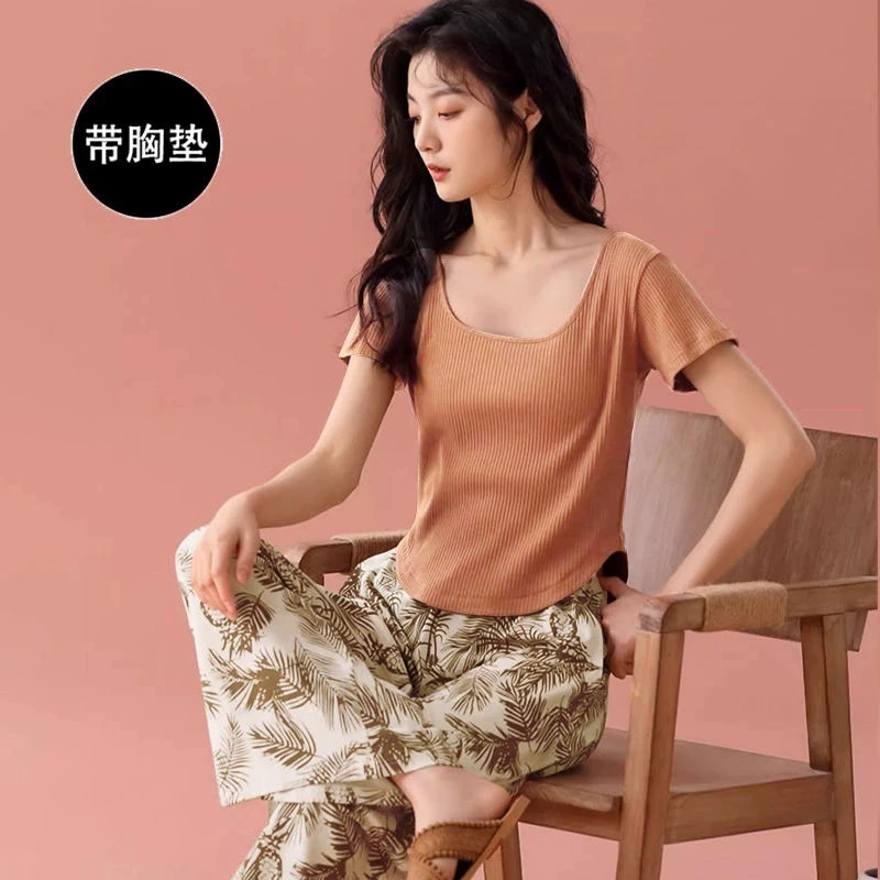 睡衣女带胸垫莫代尔夏季短袖长裤套装薄款高腰时尚显瘦上衣阔腿裤