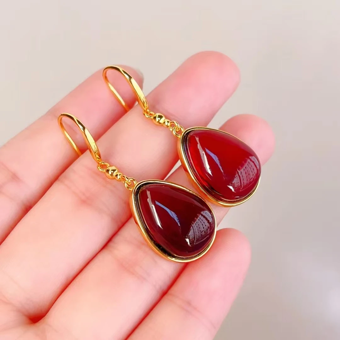 古觅珠宝天然净水血珀耳坠925银镶嵌金色简约款