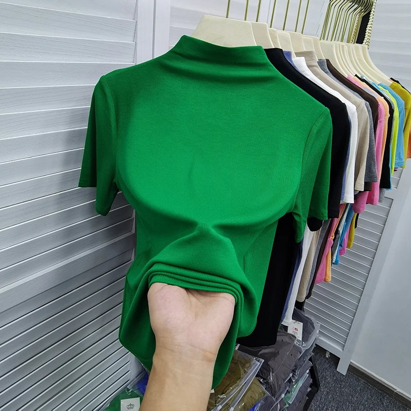 半高领短袖打底衫女装内搭洋气春夏季款螺纹t恤修身显瘦时尚上衣