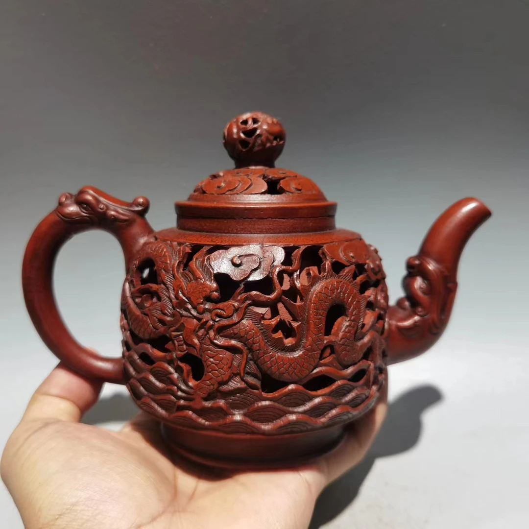 龙空雕刻龙凤呈祥 回流旧藏紫砂壶家用茶壶大容量纯手工宫灯手制