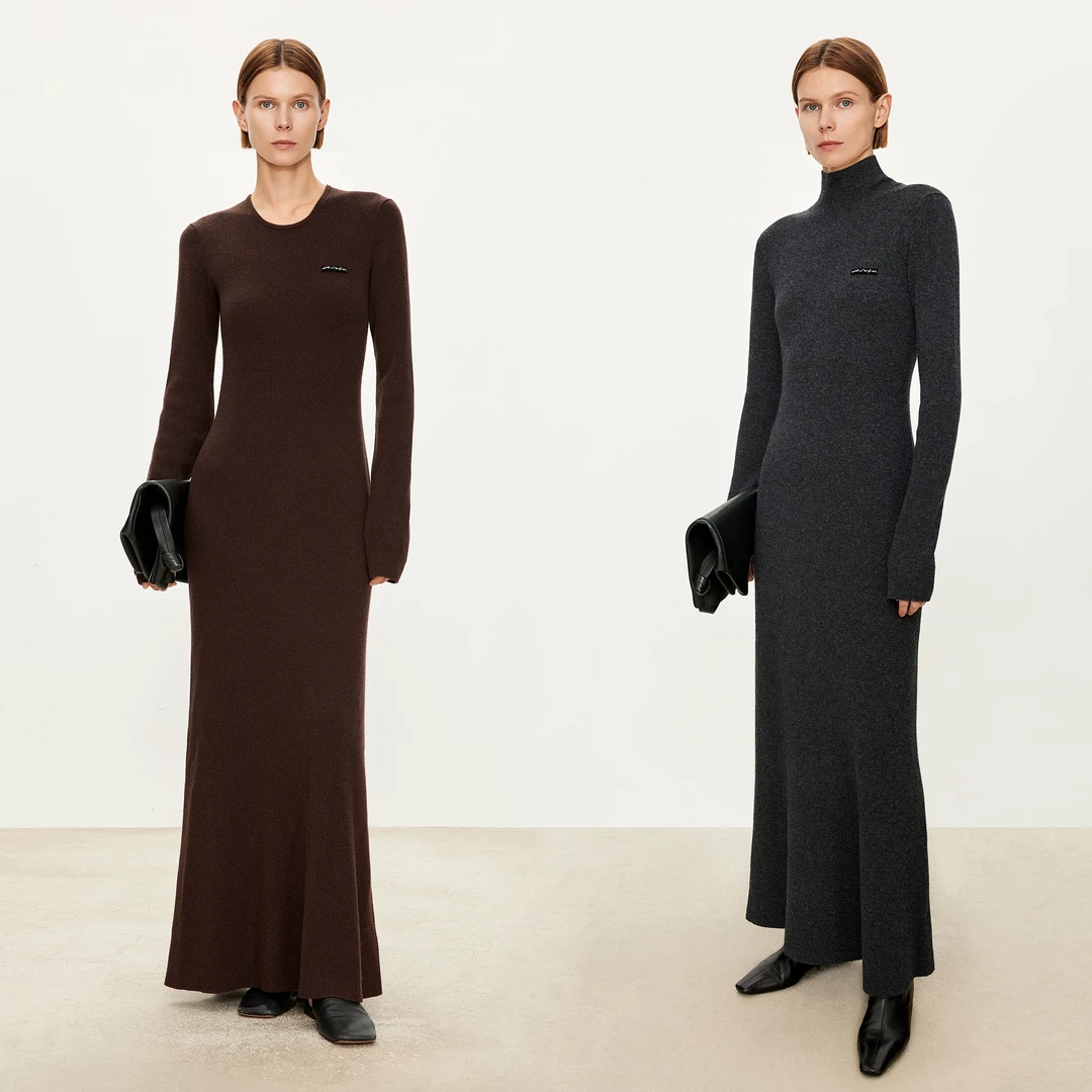 CHICJOC博主风纯羊绒/羊毛 随性时髦立裁收腰微A_气质超长连衣裙