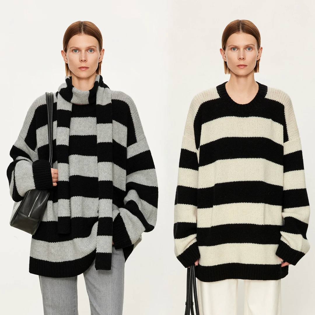 CHICJOC复古粗针羊毛北欧风松弛趣味宽条纹廓形毛衣_赠小腊肠围巾