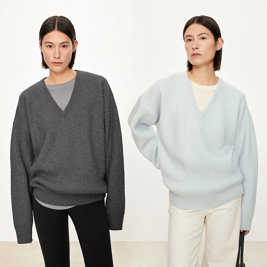 CHICJOC纯羊绒/羊绒毛_3股加厚显瘦竖罗纹 松弛随性大廓形V领毛衣