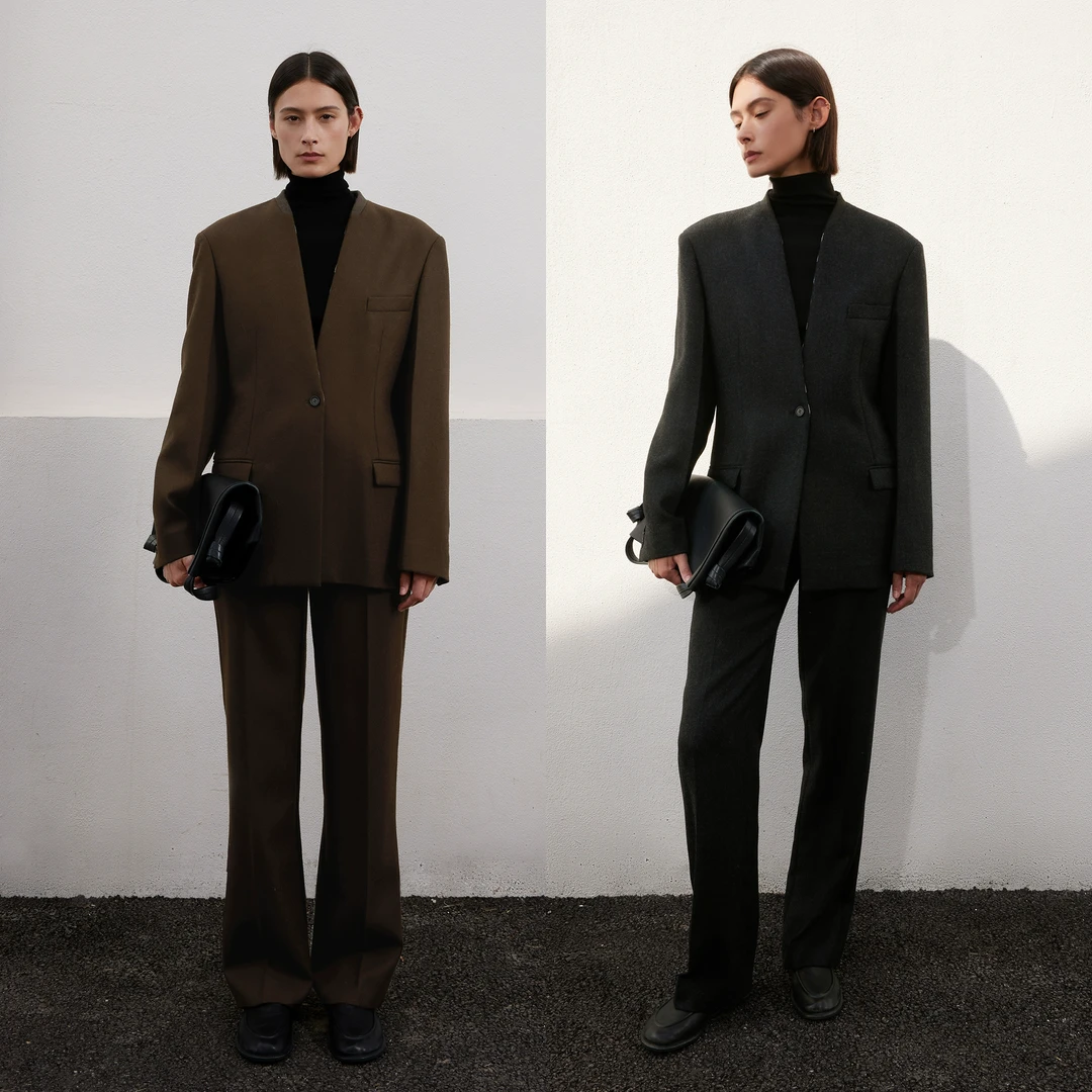 CHICJOC英国加厚亲肤羊毛呢極简手缝白线宽肩收腰沙漏西装/直筒裤