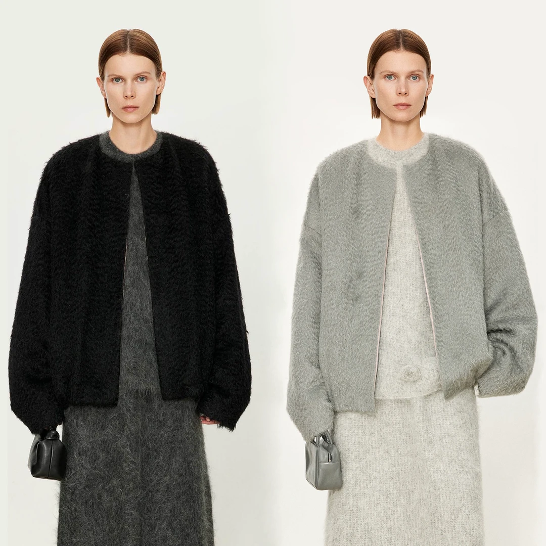 CHICJOC意大利马海毛羊毛水波纹+手绘淡彩真丝内里松弛感廓形外套