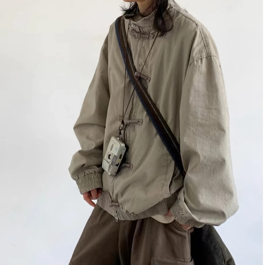 日系秋新中式百搭立领夹克男女国风纯色复古盘扣中性长袖外套