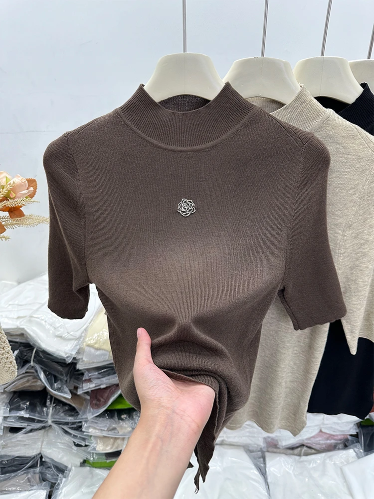 实拍半高领五分中袖长袖针织t恤女秋修身打底衫内搭气质气质上衣