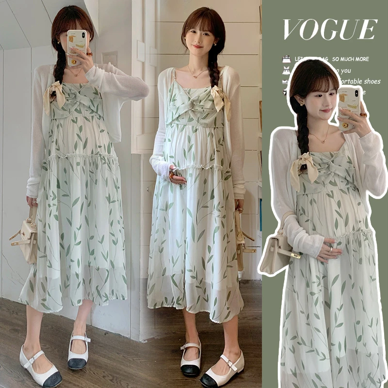 孕妇装夏装小清新吊带裙V领碎花连衣裙仙女甜美宽松显瘦孕妇套装