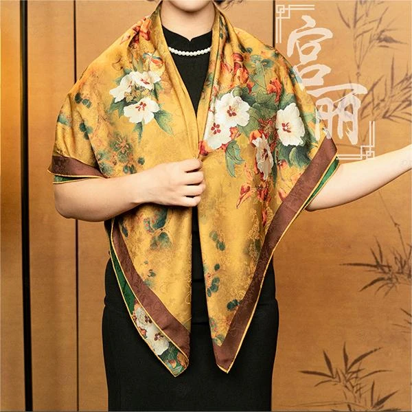 【画花】宫丽110x110cm香云花椤双面优雅风中国风暗提花方巾气质