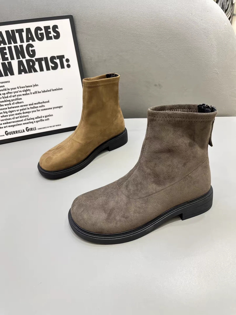 （薄绒）平底绒面简约短靴女秋季新款韩版圆头百搭瘦瘦靴 670-27