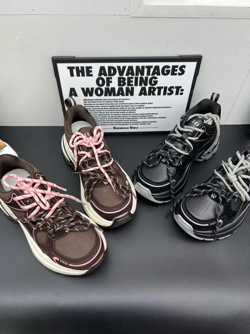 欧洲站双色鞋带复古休闲运动鞋女秋冬款小个子厚底老爹鞋  8255