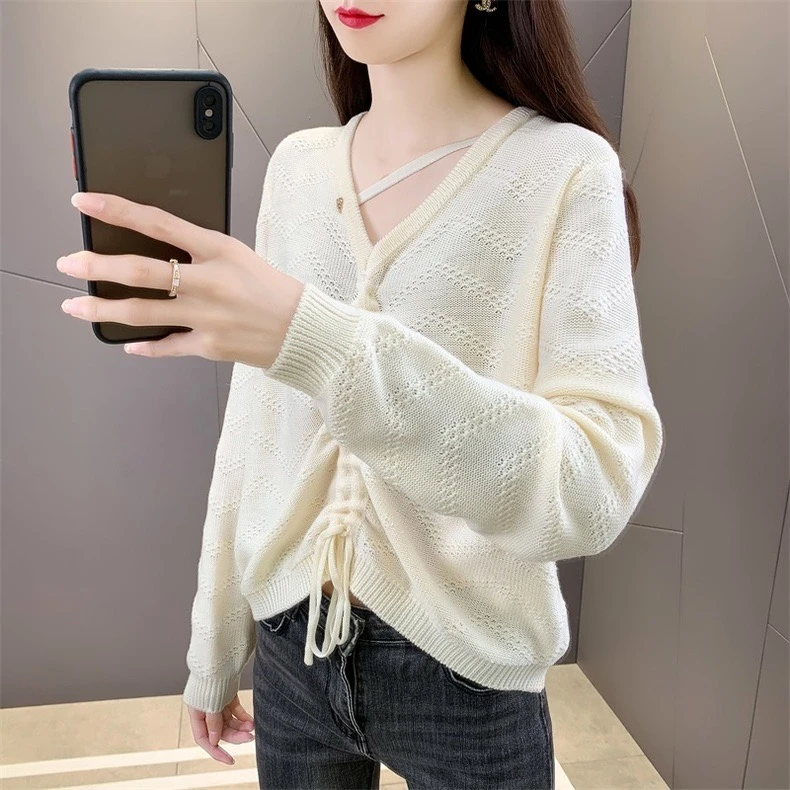 2023秋款V领系带套头显瘦长袖气质羊毛衫女装百搭羊毛针织衫宽松