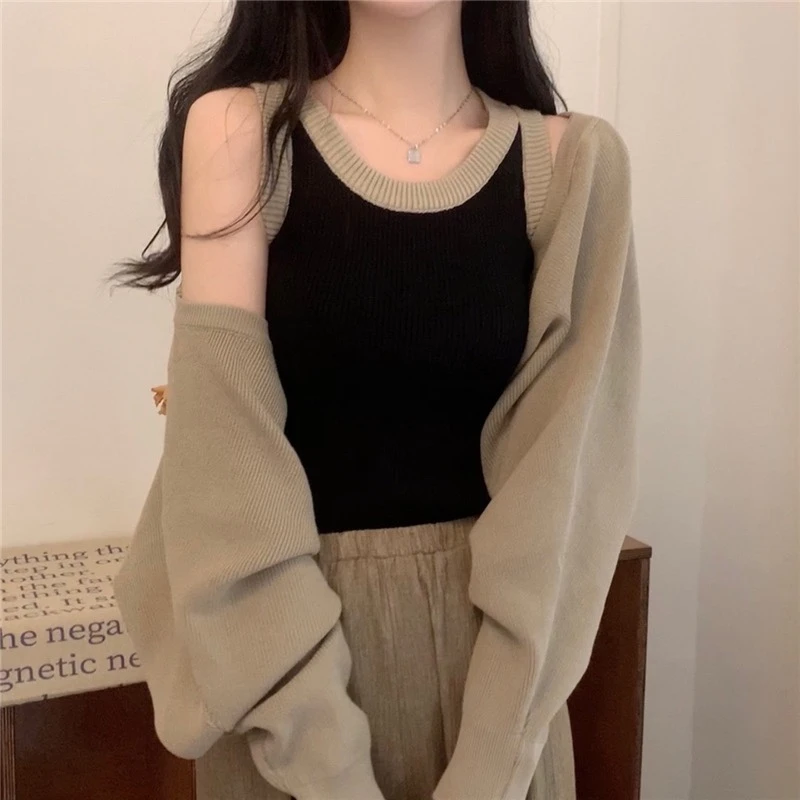 春装女毛衣针织外套开衫假两件上衣外套女装秋装外穿开衫毛衣修身