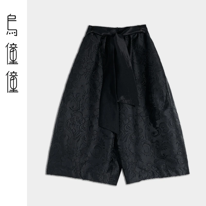 乌僮僮新中式显瘦宽松阔腿裤U243K001复古提花百搭休闲九分裤