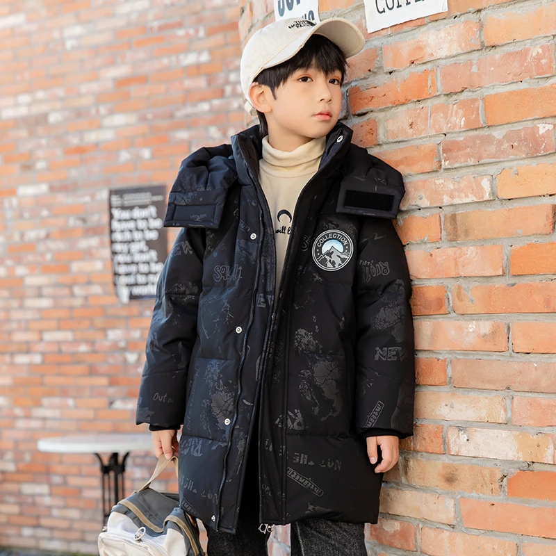 正品男童中长款羽绒服2025新款中大童加厚洋气冬装迷彩连帽外套