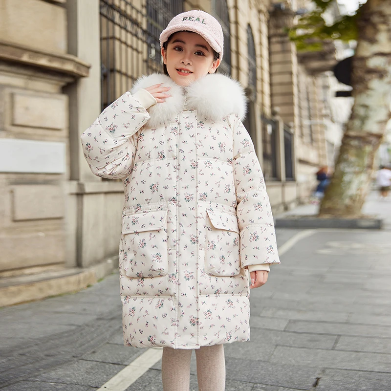 儿童羽绒服2025新款加厚中长款中大童碎花洋气冬季女童连帽外套