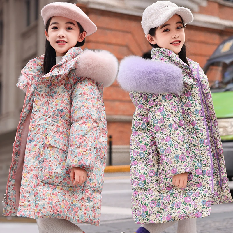 女童羽绒服2025新款加厚保暖中长款中大童洋气碎花冬季童装外套