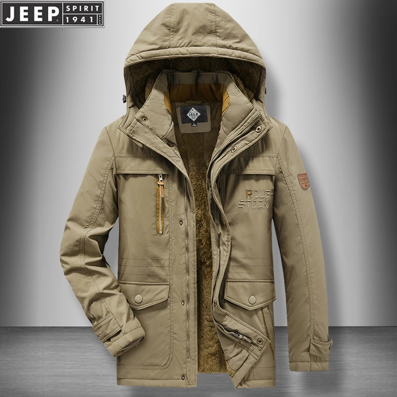 JEEP吉普加绒加厚外套棉衣男中老年人冬季保暖爸爸多口袋工装棉服