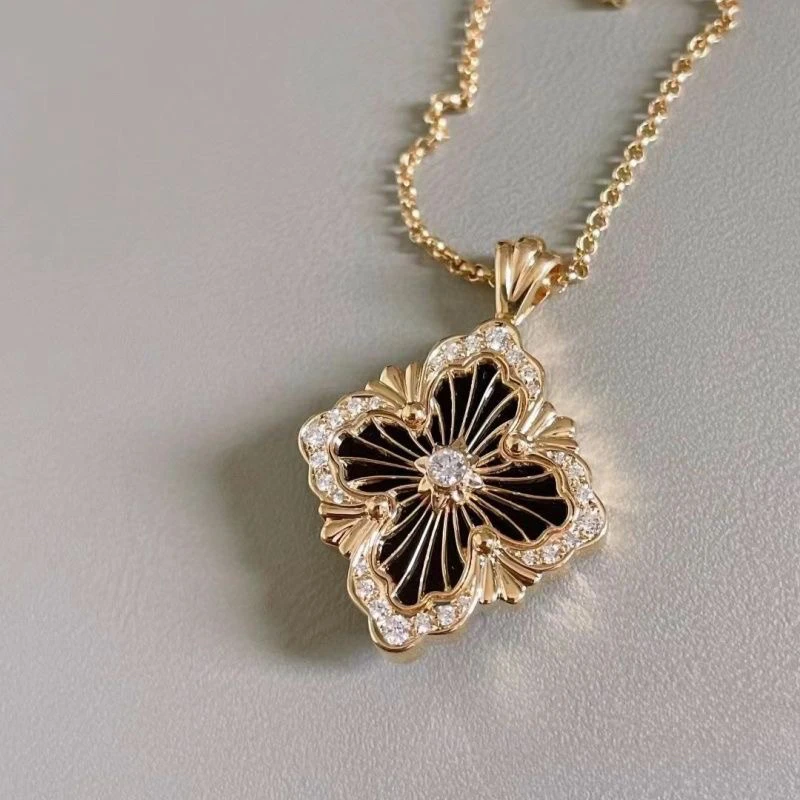 合金项链 四叶草双面镶钳项链饰品意大利拉丝工艺小众金色锁骨链