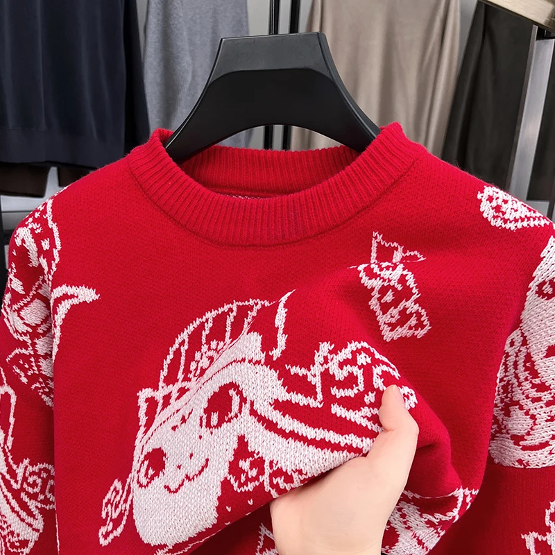 藏源绒男士圆领高端红色贺岁秋冬新款蛇年本命年保暖针织打底衫男