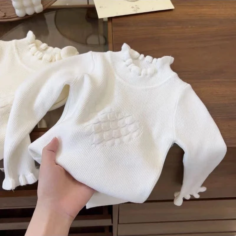 女童秋季毛衣2025新款女宝宝纯色坑条针织弹力半高领长袖打底衫潮
