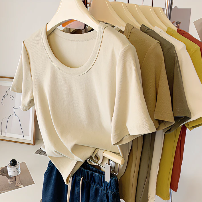 水滴U领正肩短袖t恤女宽松显瘦百搭胖mm螺纹夏季微胖大码女装上衣