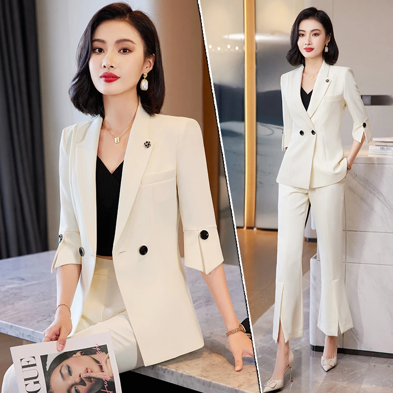 高端白色时尚西装套装女气质修身韩版七分袖西服开叉微喇裤两件套
