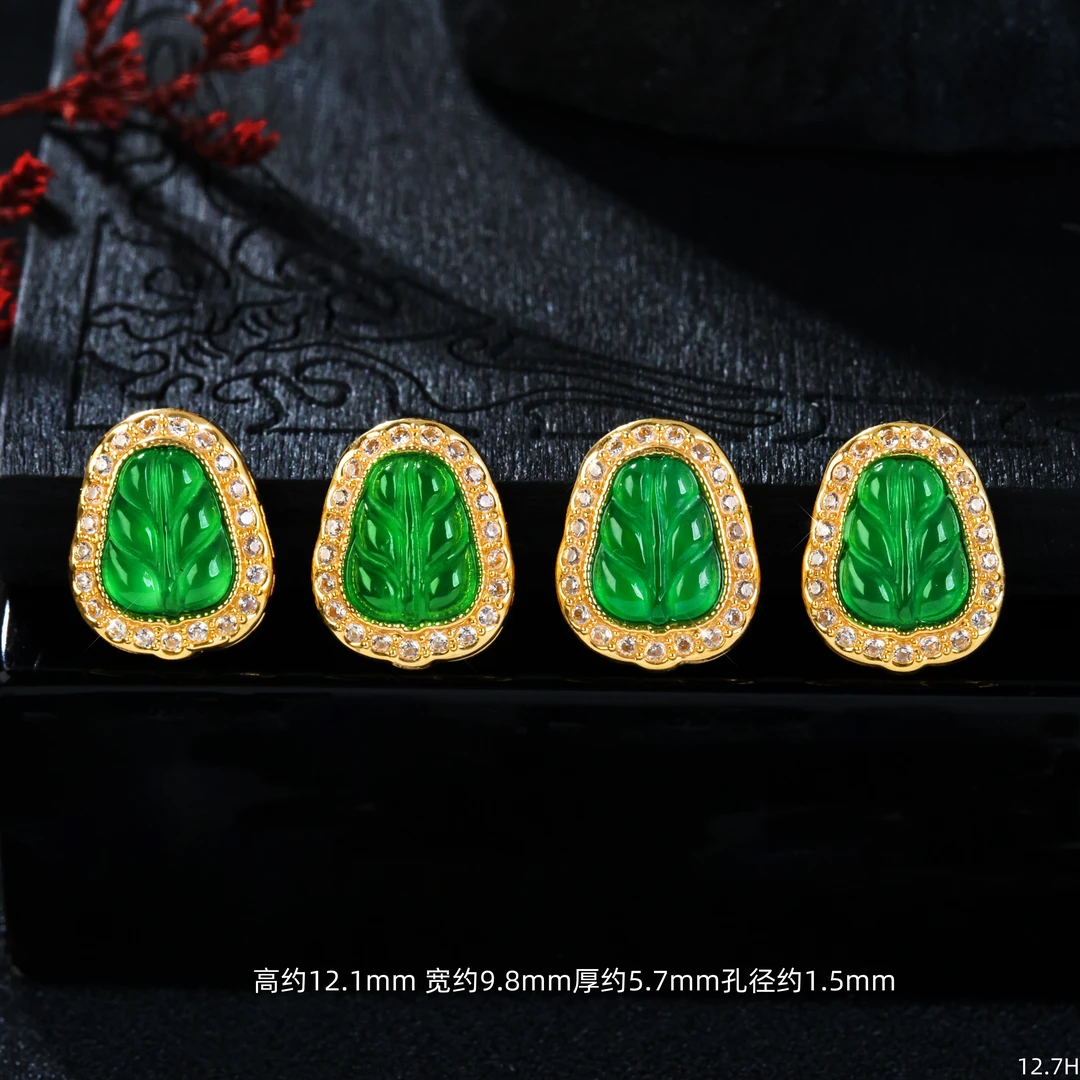 【金豆工厂】18K金豪镶缅A翡叶子隔珠背云中穿顶珠手串项链配件H