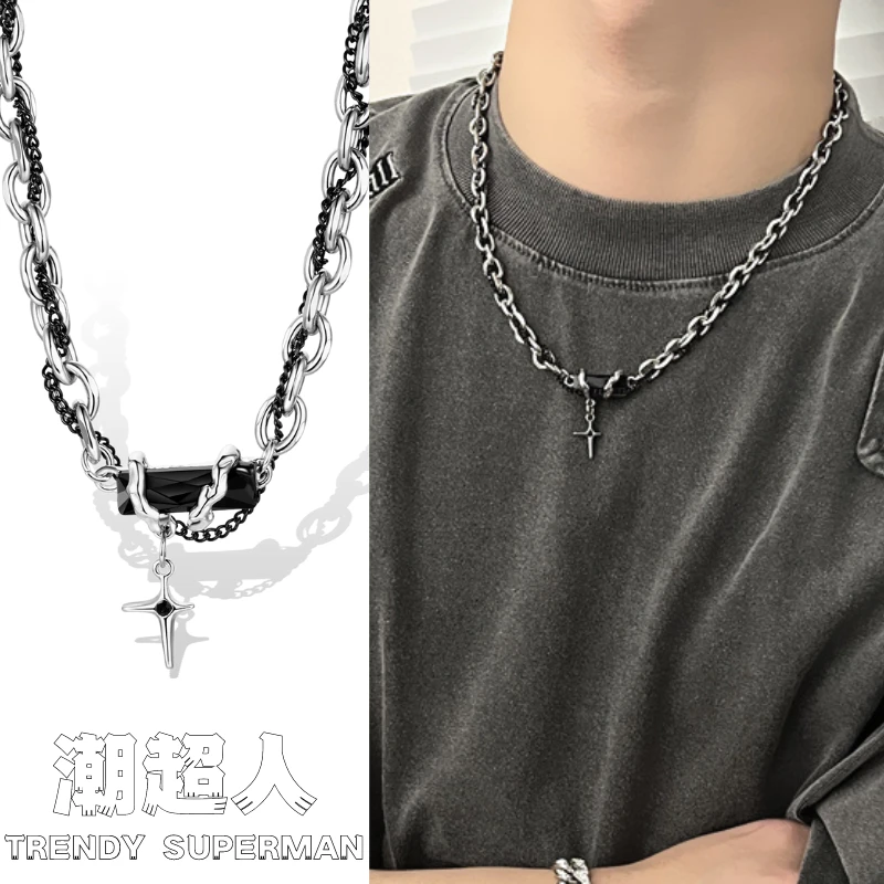 潮超人 钛钢项链 潮男士锆石个性百搭ins轻奢小众设计时尚不掉色