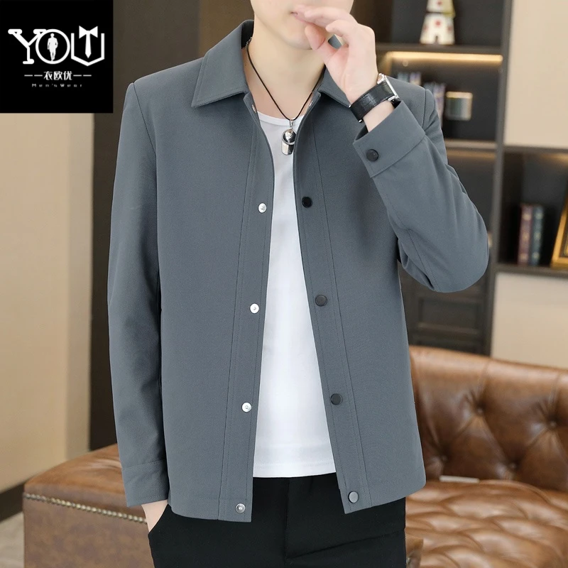 春秋季夹克休闲男外套高档翻领青年男士行政夹克上衣茄克衫男