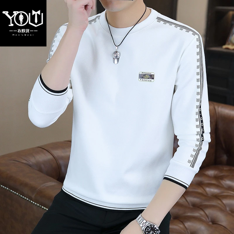 2024春秋季男上衣圆领卫衣男休闲打底套头潮牌修身青少年长袖T恤