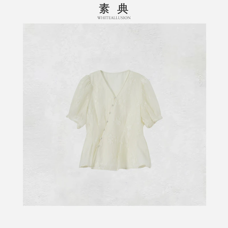 【素典】气质衬衣时尚新中式夏季小众提花设计感镂空宽松衬衫2314