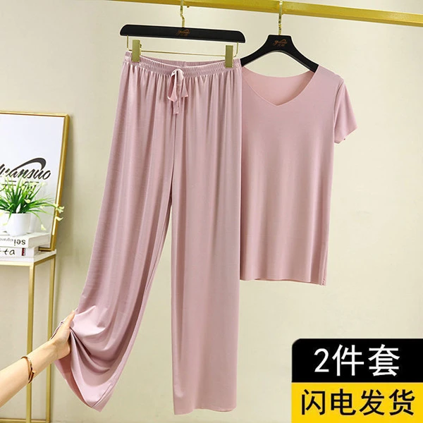 冰丝短袖T恤女夏季新款v领显瘦薄款上衣垂感休闲宽松阔腿裤两件套
