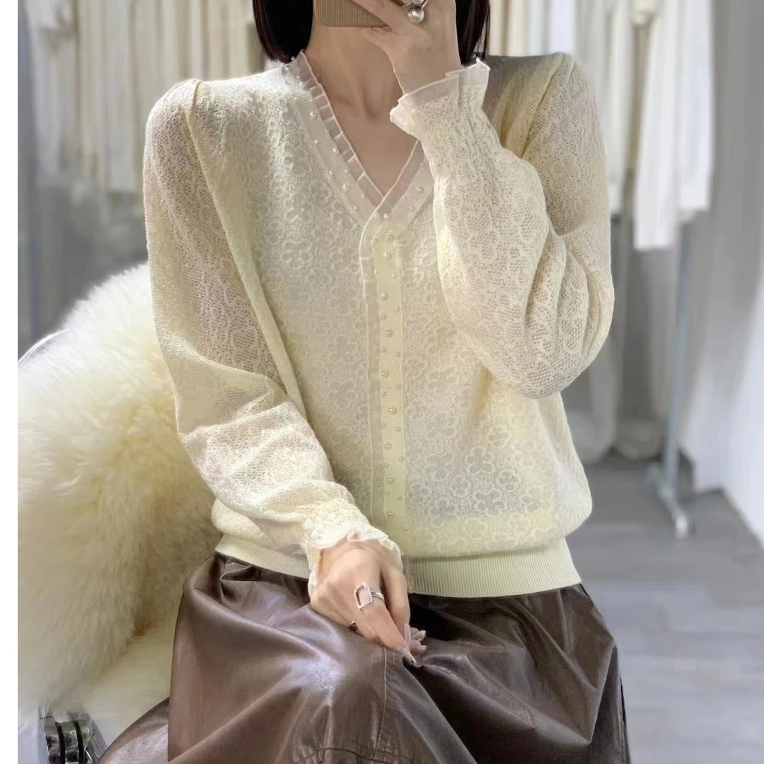 时尚优雅v领重工钉珠蕾丝提花上衣