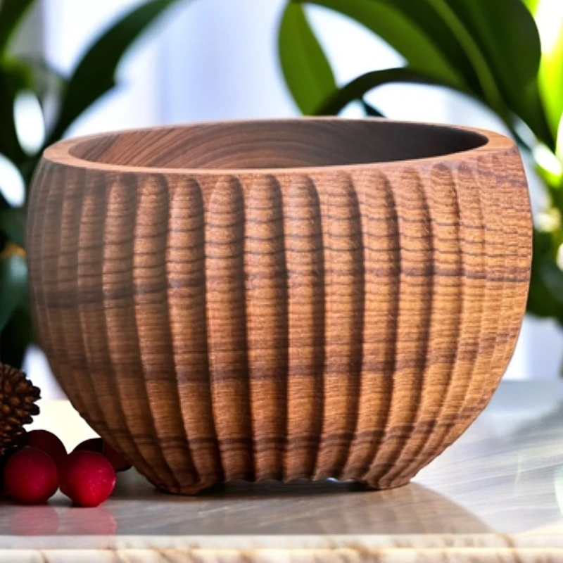 缅甸柚木 整木纯手工雕刻掏挖胖墩 四足胖墩收纳水果 沙拉碗