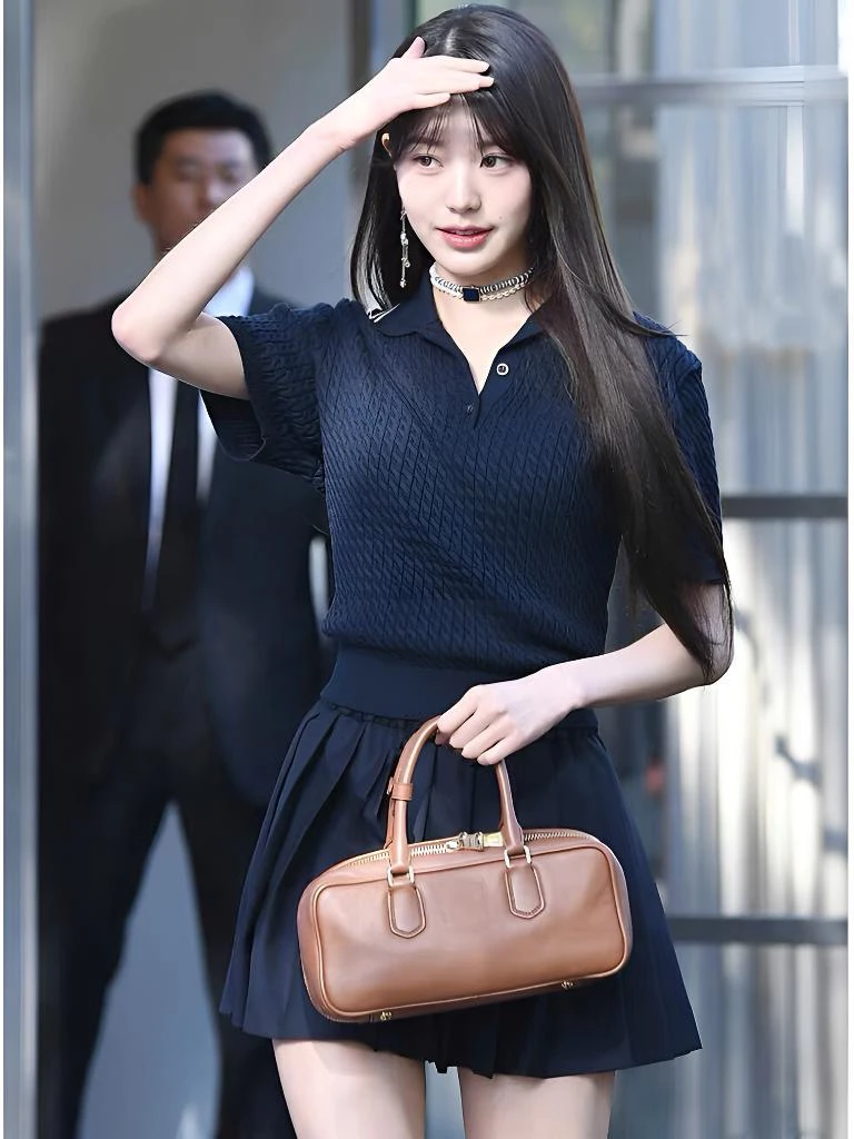 张元英同款针织短袖polo2024年夏季新品藏青色钩花刺绣字母上衣女