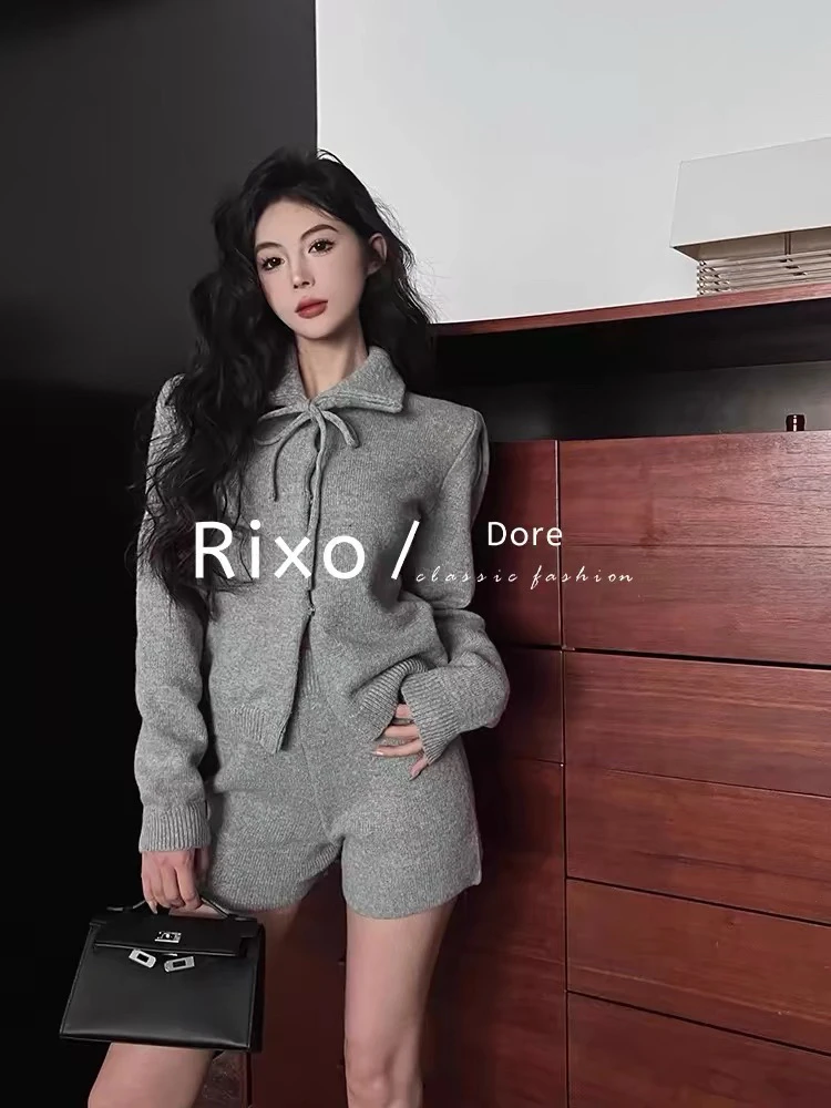 法式高级感气质绑带翻领毛衣套装高腰短裤慵懒风两件套
