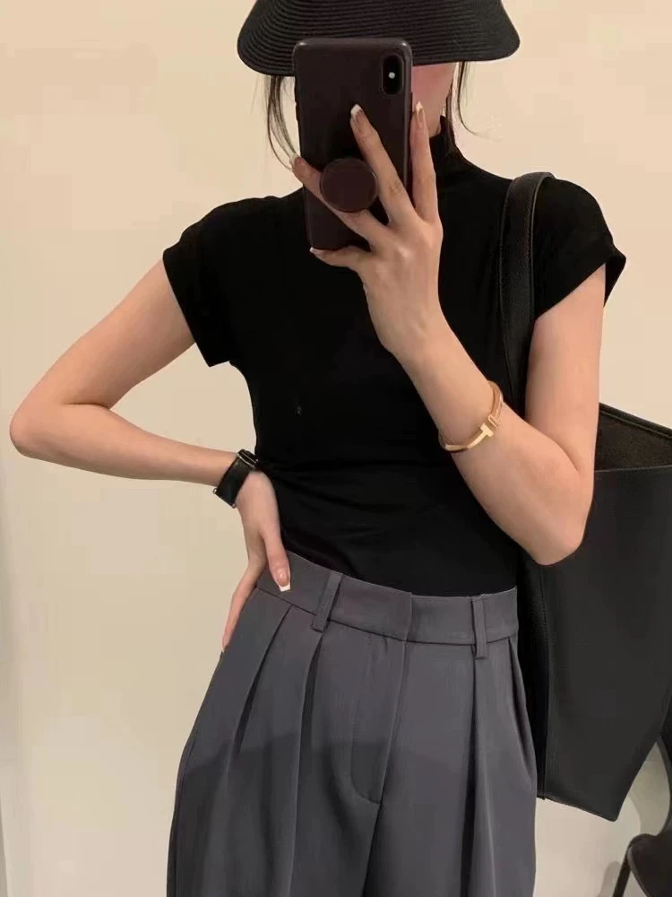 莎莎家  纯欲风短袖T恤夏秋季半高领休闲紧身显瘦上衣女