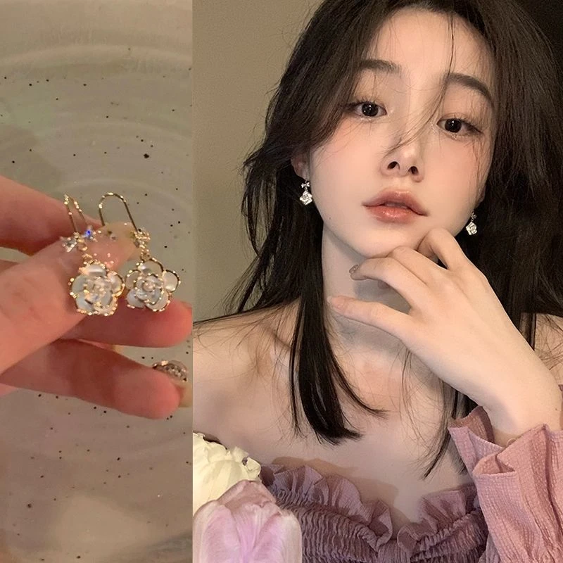 法式小香风山茶花耳钉女蝴蝶结珠珠小众设计感高级耳环耳饰耳坠