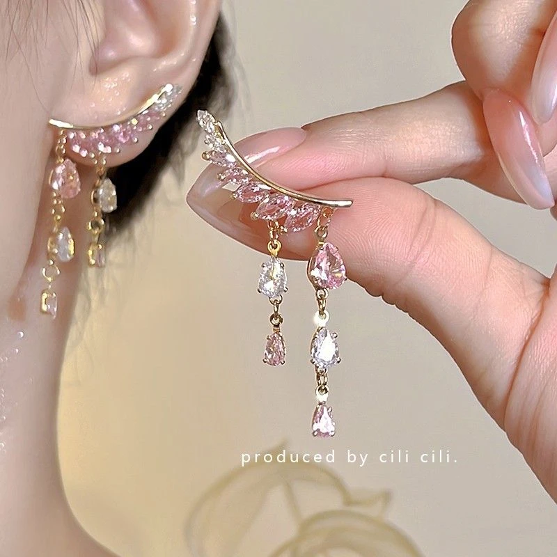 cili涟漪~法式气质粉色流苏圆脸耳饰百搭小众高级感轻奢超闪耳环