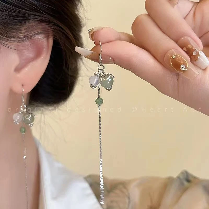 冰清洁长款流苏耳坠珠子耳环女新中式古风高级感耳钩气质耳饰潮