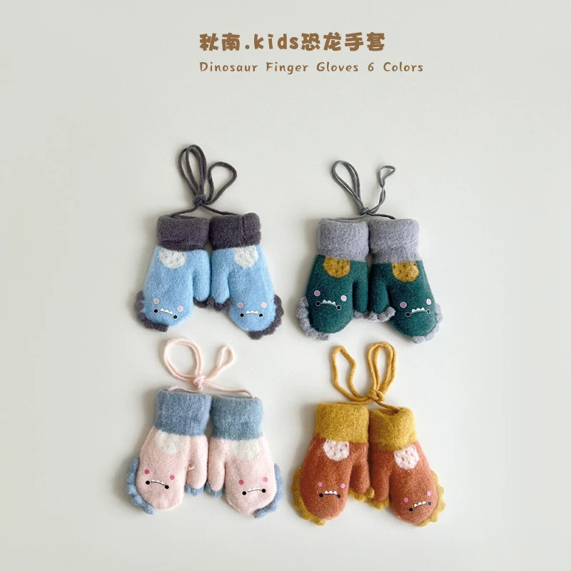 秋南 儿童手套冬季新款ins卡通小恐龙全指挂脖宝宝连指手套