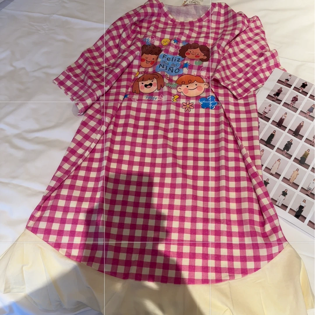 【中古格子温馨一家人睡裙】棉质下架荷叶边睡裙宽松新款休闲家居服