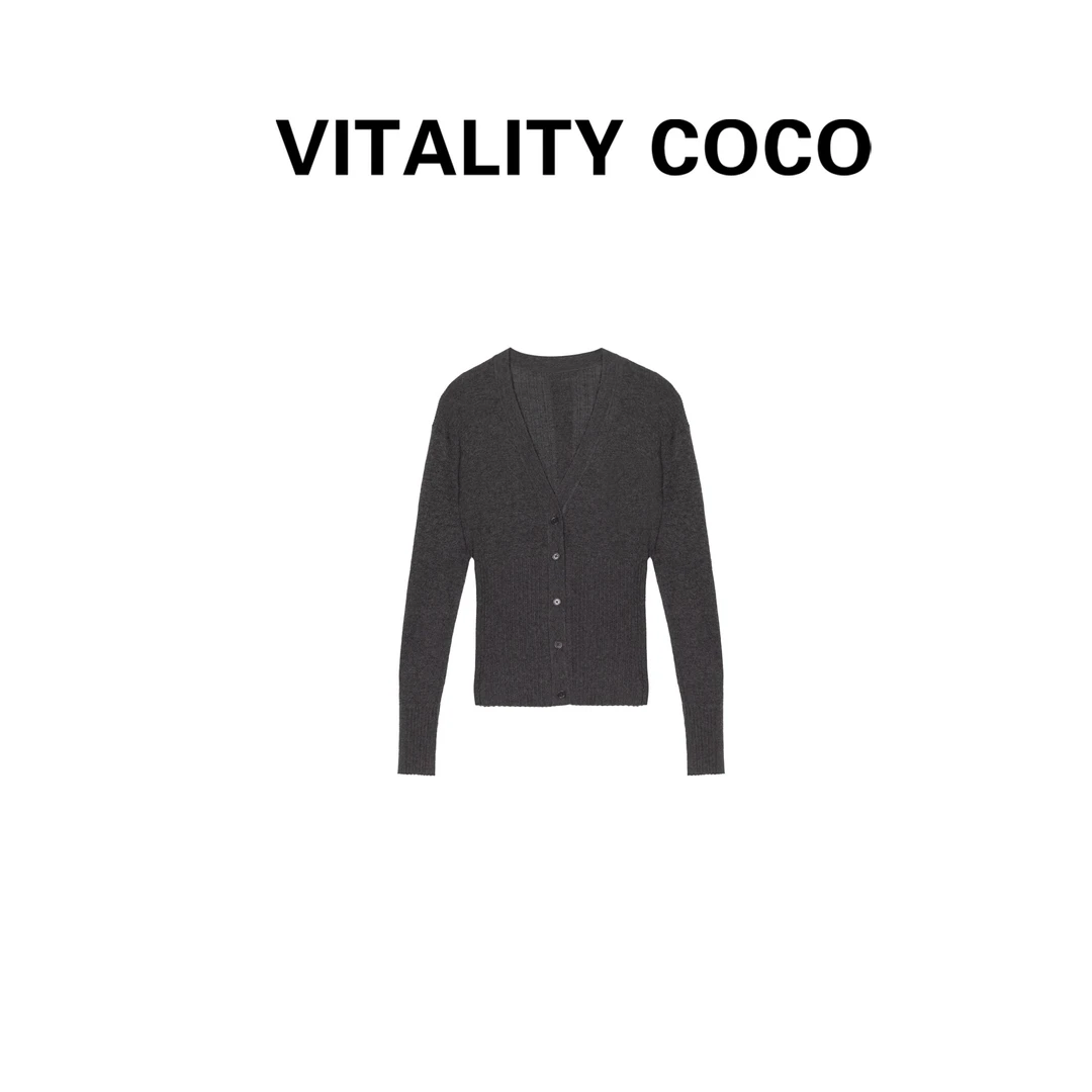 「VITALITY COCO」“鸢尾花”羊毛开衫长袖v领女显瘦长袖上衣-516