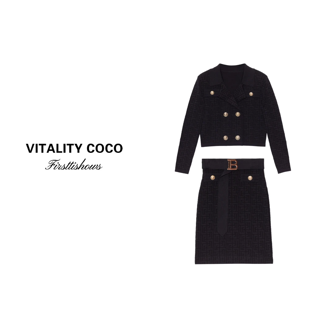 「VITALITY COCO」高定新款金扣OL百搭针织衫半裙短外套套装-376